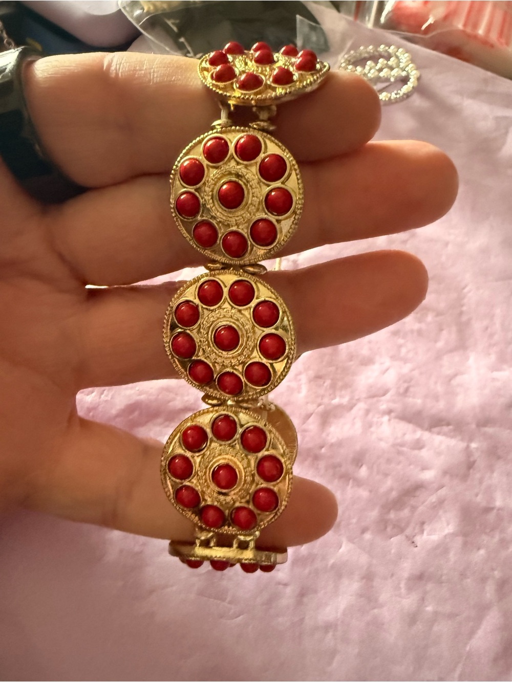 Vintage Red Cabochon Medallion Panel Bracelet Gold Tone Statement Jewelry